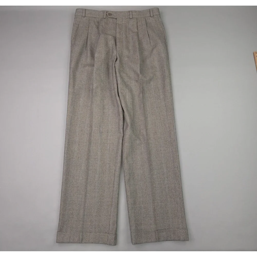 Polo University Pants Mens 35x32 Gray Wool Glen Plaid Pleated Cuffed Trousers